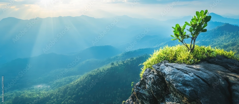 Poster scenic mountain view from a cliff featuring a green plant with soft sunlight and empty space for tex