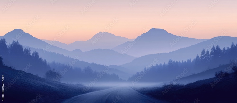 Poster foggy mountain road at dawn with serene landscape and ample empty space for text or messaging in a t