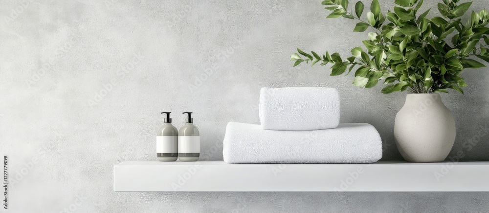 Poster white towels on minimalist shelf with decorative vase and empty space for text in modern bathroom se