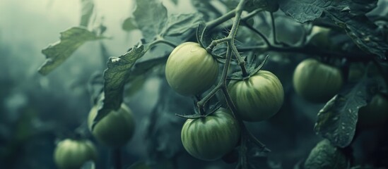 Green tomatoes on the vine in an organic garden with soft focus background and ample copy space for nature-related text or promotions