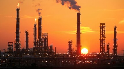 Fototapeta premium Industrial skyline at sunset with smokestacks emitting vapor and flames, creating a dramatic scene