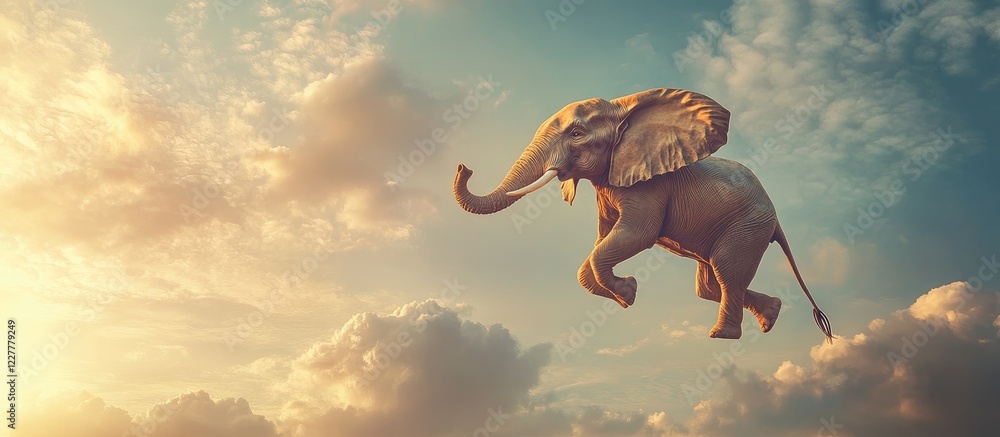 Poster whimsical flying elephant statue against a dreamy sky with ample empty space for creative text or br