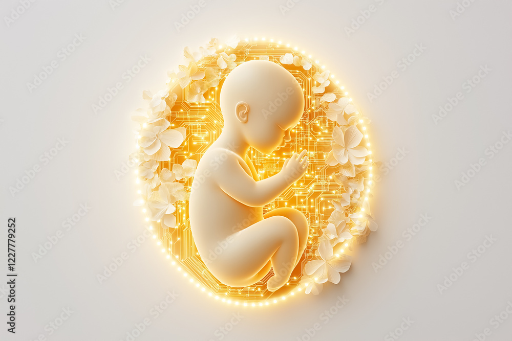 Poster a delicate outline of a fetus shape features intricate circuitry within, set against a neutral backg