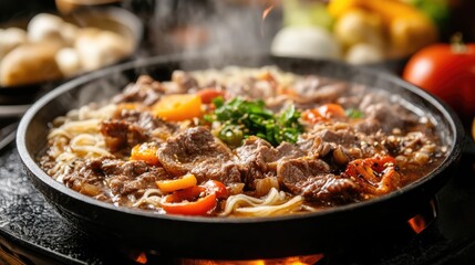 Delicious Sukiyaki Beef Stir-Fried with Vegetables Noodles in a Traditional Japanese Cuisine Setting with Steam and Empty Copy Space for Text