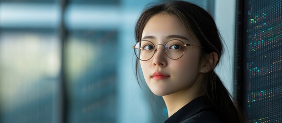 Female engineer in data center with server racks, focused expression and empty space for text, showcasing technology and innovation.
