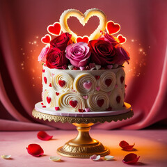 beautiful cake with red rose and candle