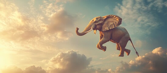 Whimsical Flying Elephant Statue against a dreamy sky with ample empty space for creative text or branding elements