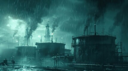 Dark industrial scene showing oil tanks and drilling equipment under heavy rain and smoke