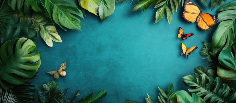 Lush Tropical Leaves with Fluttering Moths and Butterflies on Blue Background Ideal for Nature-themed Text or Media Displays - Powered by Adobe