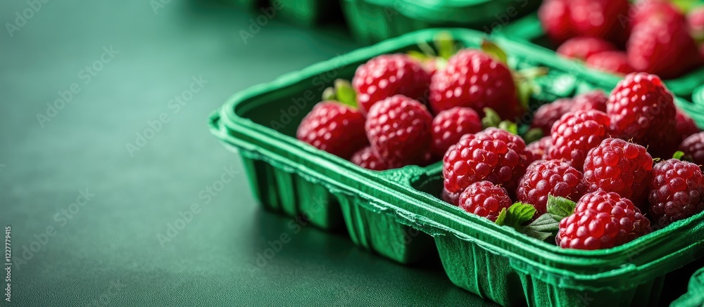 Poster green plastic berry containers filled with fresh raspberries displayed in supermarkets with ample em