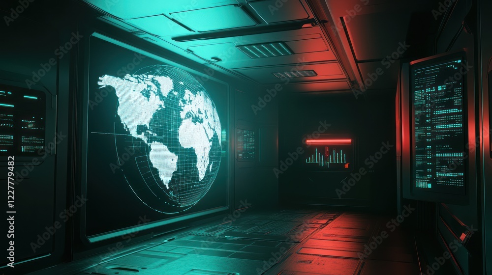 Poster futuristic control room with world map and data screens