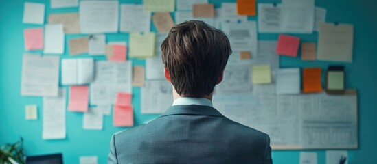 Focused Entrepreneur Analyzing Business Strategies with Colorful Notes on Wall in Modern Office Setting for Creative Copy Space