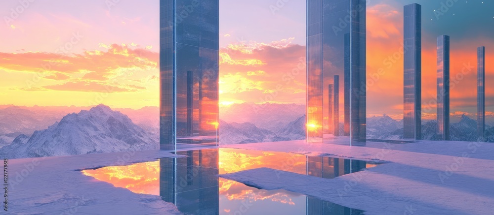 Poster modern landscape with reflective columns and sunset illuminating snowy mountains featuring empty spa