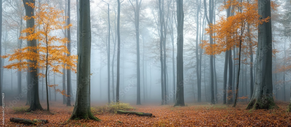 Poster misty forest landscape with autumn foliage and ample empty space for text and branding purposes
