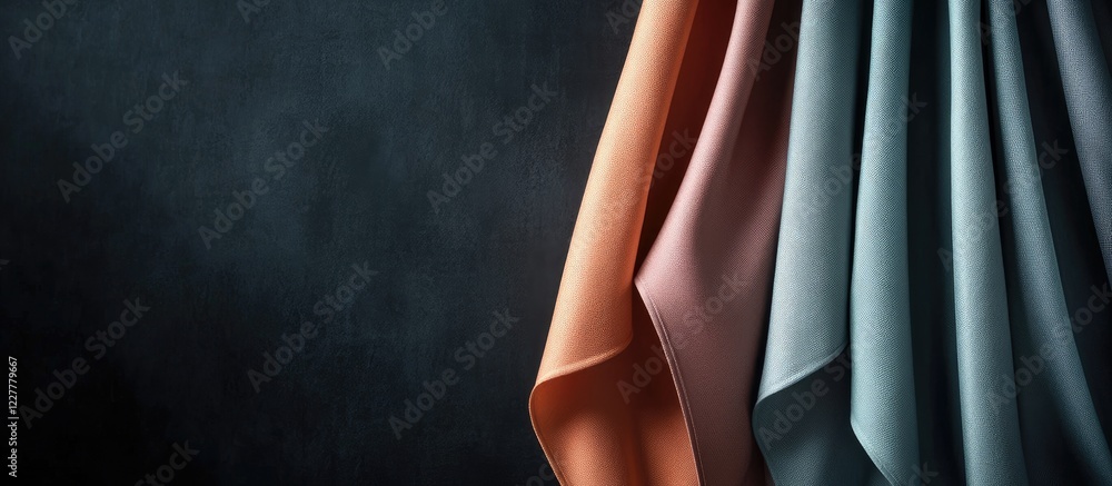 Poster elegant draped fabrics in soft tones against dark backdrop with space for text or branding applicati