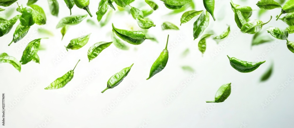 Poster falling green leaves on bright white background symbolizing freshness with empty space for text or b