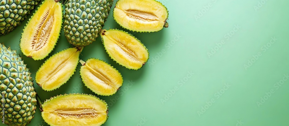 Poster jackfruit on green background with empty space for text or design elements