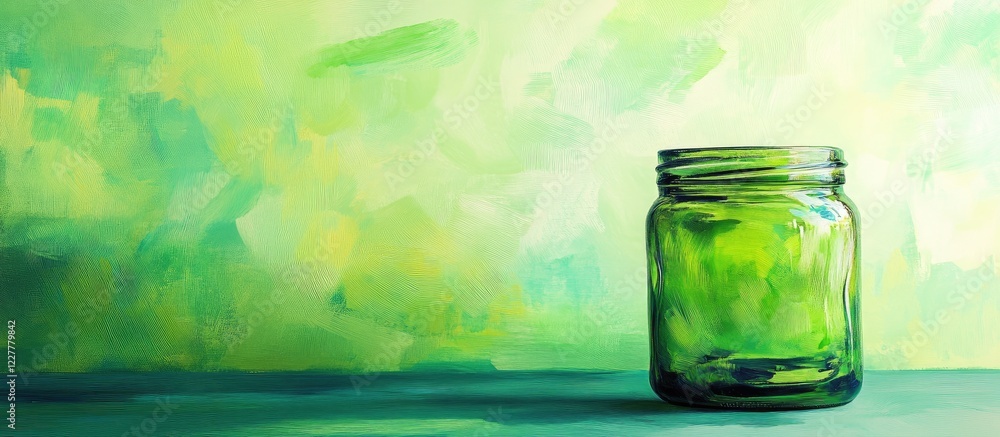 Poster vibrant green pop art background with empty glass container and copy space for text in contemporary 