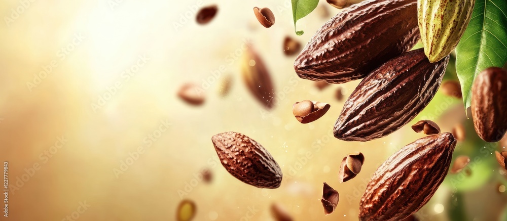 Aufkleber cocoa beans in motion with empty space for text on a soft blurry background ideal for food or bevera