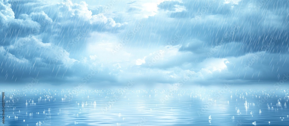 Poster gloomy cloudy sky over serene water with rain create a tranquil atmosphere and empty space for text 