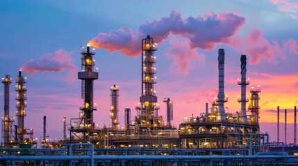 Fototapeta premium Industrial complex at sunset with smokestacks emitting vapor against a colorful sky