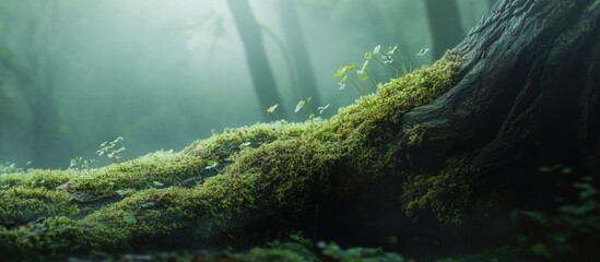 Lush green moss covering weathered logs in a serene forest setting with ample space for personalized text and nature-themed designs.