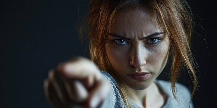 Woman with intense look pointing