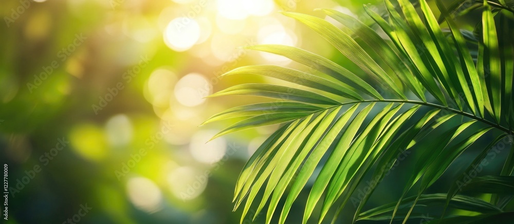 Poster sunlit green palm leaf with blurred background creating a serene atmosphere and ample space for text