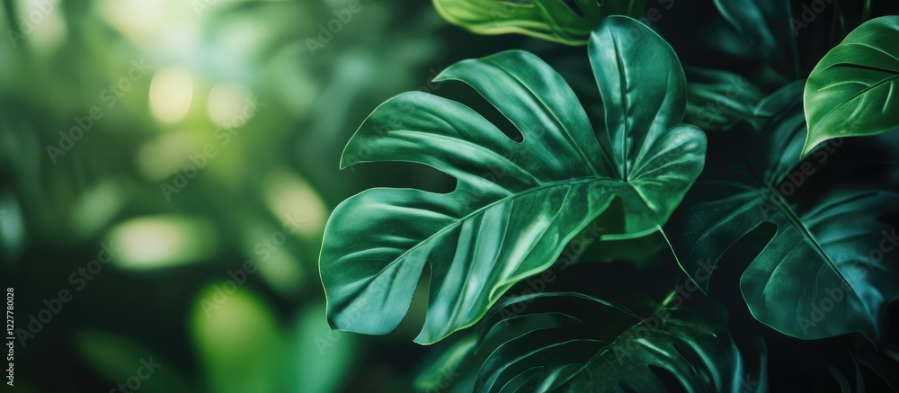 Poster lush green plant leaves with soft blurred background and ample space for text in a tranquil nature s