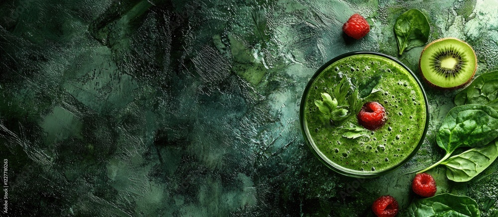 Poster refreshing green smoothie with watermelon kiwi and spinach in a bowl surrounded by fresh ingredients