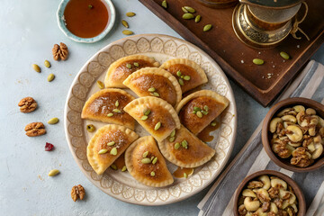 traditional Ramadan sweets like baklava kunafa qatayef top view