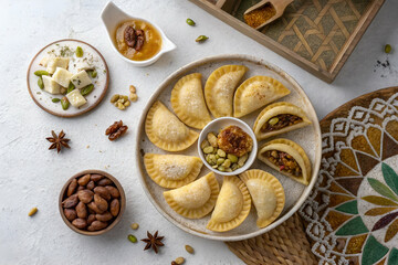 traditional Ramadan sweets like baklava kunafa qatayef top view