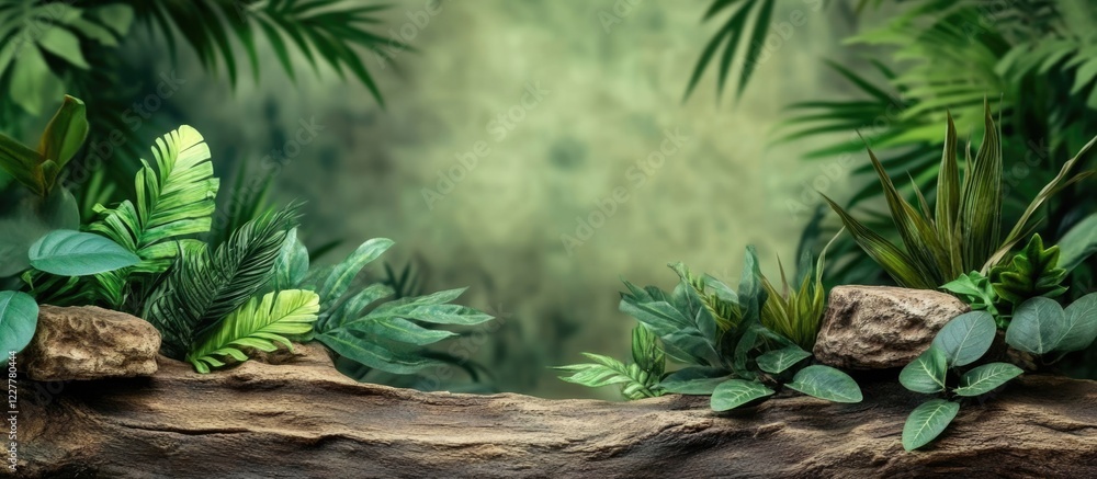 Aufkleber lush rainforest scene featuring vibrant green plants on a fallen tree with empty space for text in a