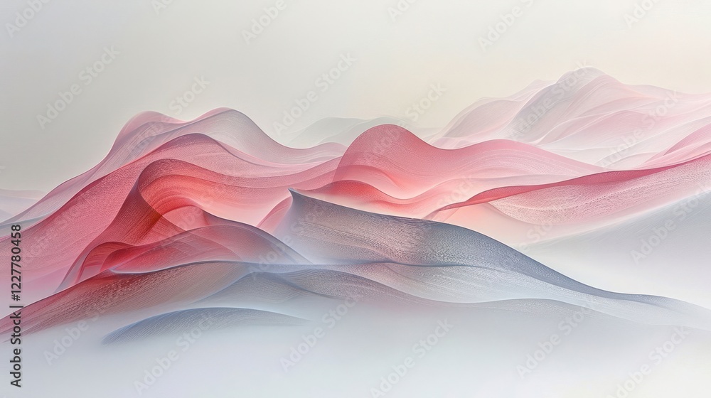 Poster abstract landscape with flowing red and blue waves, creating a serene atmosphere in soft hues