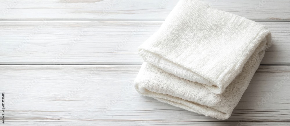 Poster soft cotton baby blanket neatly folded on a white wooden surface with ample empty space for text or 