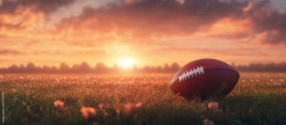Poster tranquil sunset over a football field highlighting a soft-focus ball with ample copy space for text 