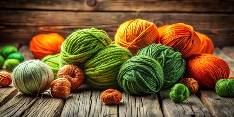 Colorful Yarn Balls on Rustic Wooden Table - Orange & Green Craft Supplies