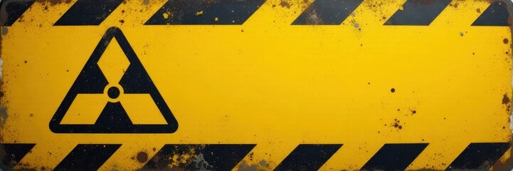 Fototapeta premium Faded yellow barrel, caution stripes, radiation symbol, toxic, chemical, yellow