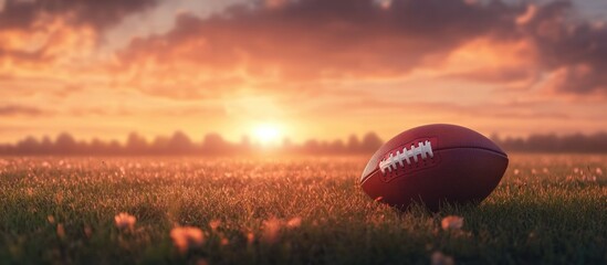Tranquil sunset over a football field highlighting a soft-focus ball with ample copy space for text or branding use.