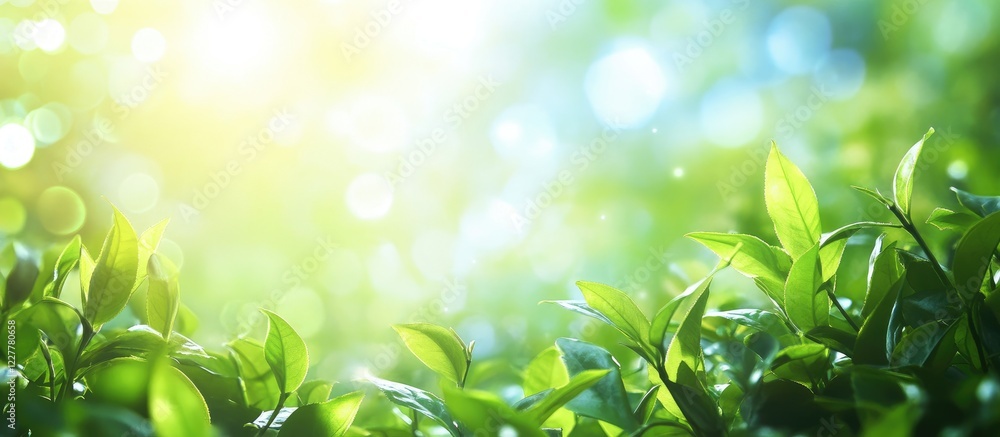 Poster refreshing green tea in lush natural setting with bright bokeh background and space for text overlay