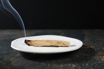 Smoldering palo santo stick on dark table, closeup
