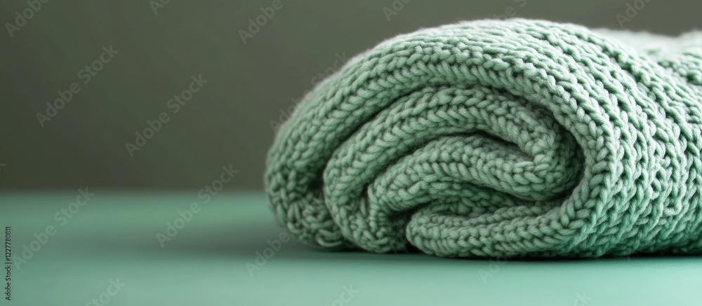 Poster cozy folded queen size green knitted blanket on a soft surface with empty copy space for text or bra