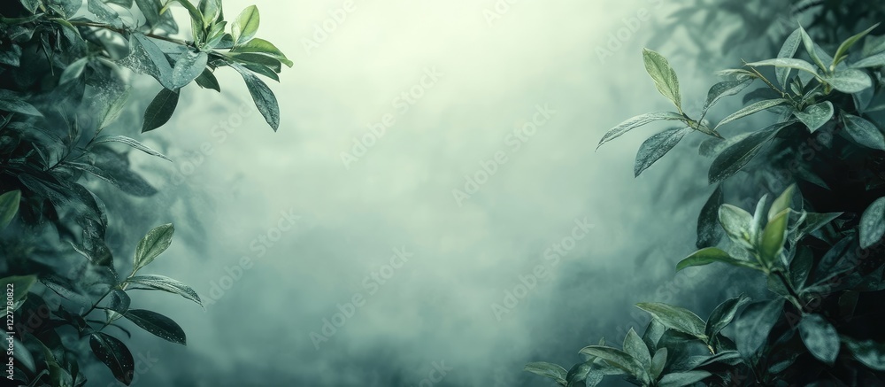 Poster foggy green foliage background with blank space for text overlay in natural setting