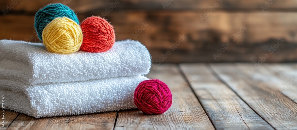 Aufkleber folded terry towels with colorful yarn balls on rustic wooden table providing space for text and des