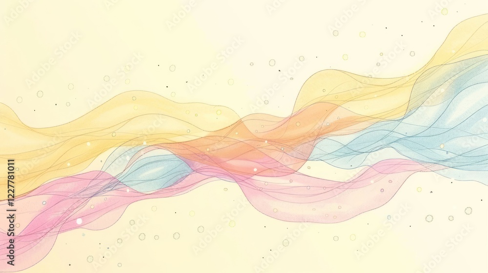 Poster soft, flowing abstract waves in pastel colors with subtle sparkles on a light background