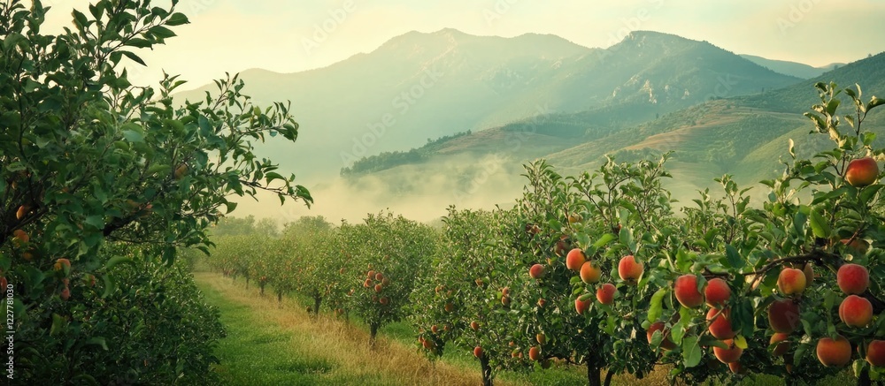 Poster foggy mountains overlooking apple orchard with ripe peaches on trees and empty space for text in ser