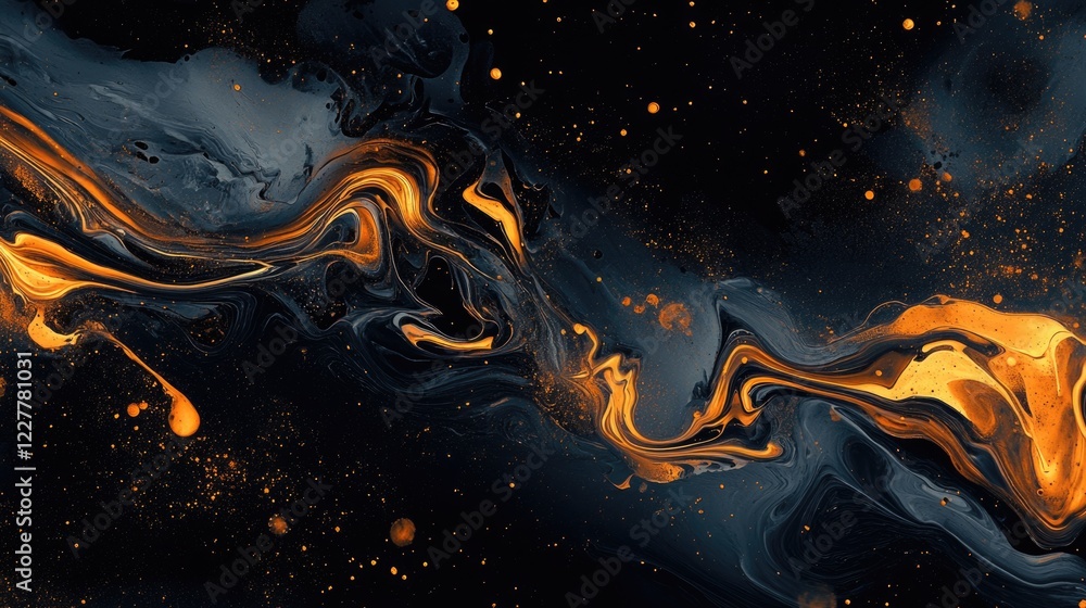 Poster colorful fluid art abstract background with gold and blue swirls mixing textures and empty space for