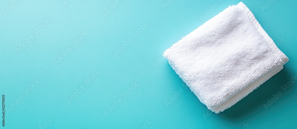 Poster folded white towel on a turquoise background with ample copy space for text or branding purposes