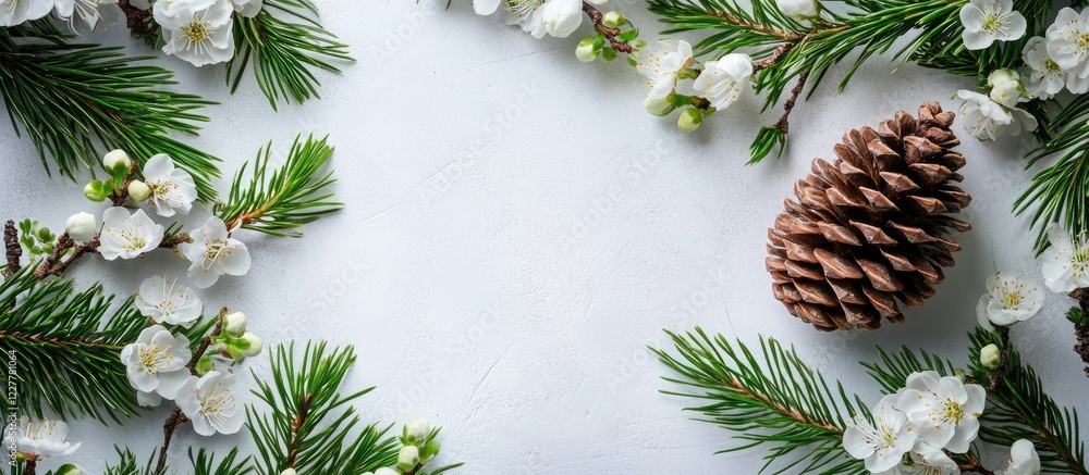 Poster pine cone and white blossoms on green pine branches with empty space for text featuring a natural sp