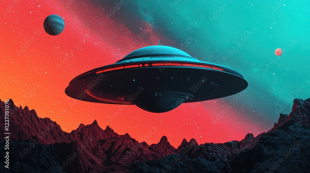 Poster a vibrant alien landscape featuring a ufo hovering over colorful mountains, with planets in the back